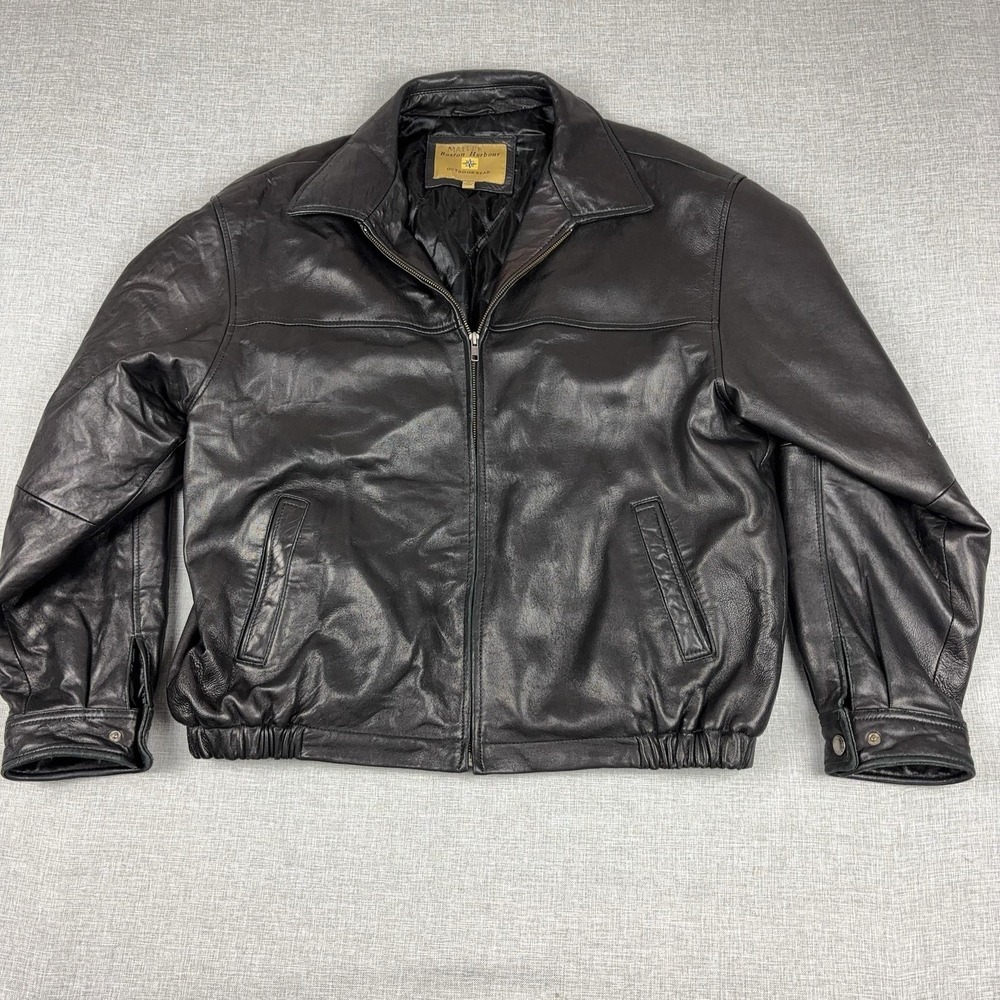 Boston Harbour Jacket Mens XL Black Leather Bomber Full Zip Elastic Hem Lined